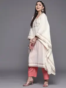 Ahalyaa Women Off White Yoke Design Flared Sleeves Pure Cotton Kaftan Kurta
