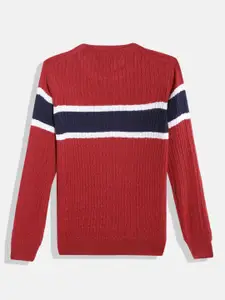 Nautica Boys Red & Navy Blue Striped Round Neck Pullover
