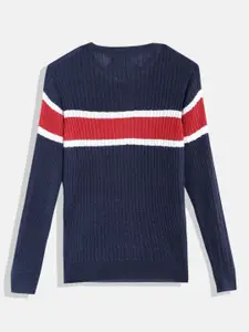 Nautica Boys Navy Blue & Red Striped Self Design Round Neck Pullover