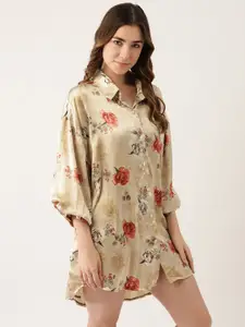 Ms.Lingies Ms Lingies Women Peach-Coloured Floral Printed Shirt Style Nightdress