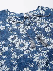 DECKEDUP Women Blue Floral Cotton Midi Dress