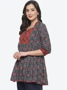Biba Blue & Red Ethnic Motifs Printed V-Neck Pure Cotton Pleated Kurti