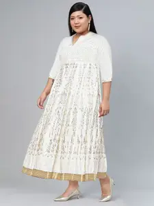 Biba Off White Ethnic Motifs Cotton Ethnic Maxi Dress