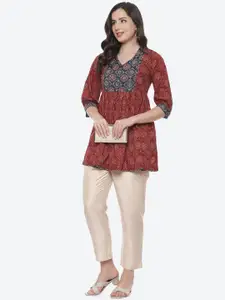 Biba Rust Ethnic Motifs Printed V-Neck Pure Cotton Kurti