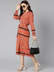 Oxolloxo Red & Blue Floral Satin Shirt Midi Dress