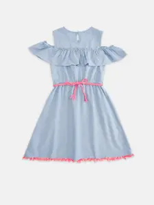 Pantaloons Junior Blue Denim Cold Shoulder Fit and Flare Dress