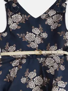 Pantaloons Junior Navy Blue Floral Satin Fit and Flare Dress