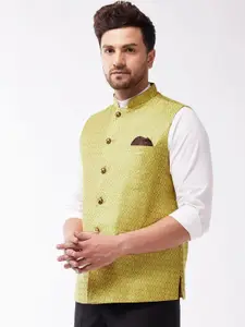 VASTRAMAY Men Yellow Woven Design Slim-Fit Nehru Jackets