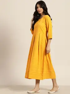 Sangria Mustard Yellow Embroidered Ethnic A-Line Dress