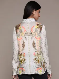 Label Ritu Kumar Women Grey & Green Floral Printed Casual Shirt