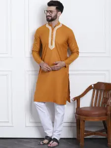 SOJANYA Men Mustard Yellow Pure Cotton Yoke Design Kurta with Churidar