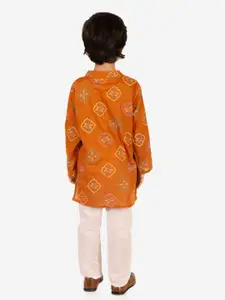 Superminis Boys Brown Floral Printed Pure Cotton Kurta with Pyjamas