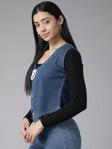 KASSUALLY Women Navy Blue Denim Crop Tie-Up Shrug