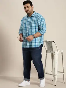 Sztori Men Plus Size Blue & White Tartan Checked Pure Cotton Casual Shirt