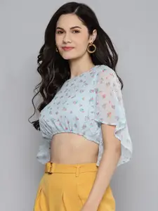 SASSAFRAS Blue & Pink Floral Print Blouson Crop Top