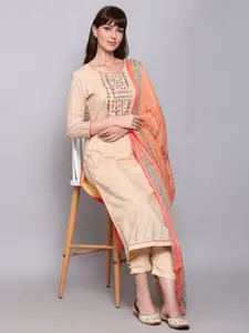 Stylee LIFESTYLE Beige & Orange Printed Unstitched Dress Material