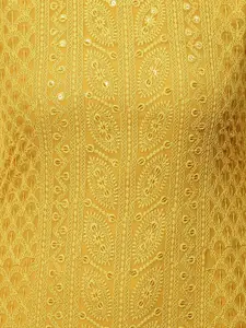 FASHOR Women Mustard Yellow Geometric Embroidered Chikankari Georgette Kurta