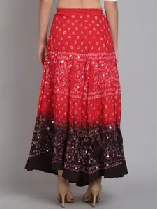 SOUNDARYA Women Red & Black Printed Pure Cotton Flared Bandhej Maxi Skirt