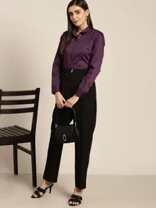 Hancock Women Burgundy Solid Slim Fit Pure Cotton Satin Formal Shirt