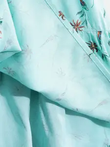 Allen Solly Junior Girls Green & Navy Blue Floral Print A-Line Dress with Leggings