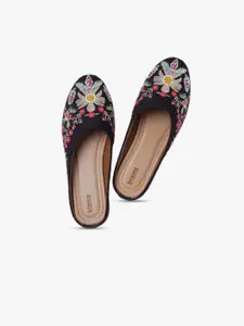 Kiana House Of Fashion Women Black Floral Embroidered Mules Flats
