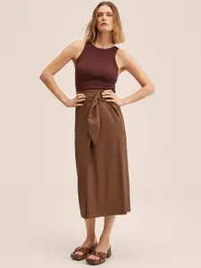 MANGO Brown Solid Wrap Midi Belted Skirt with Side Slit