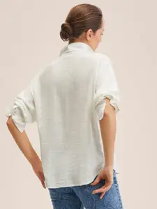 MANGO Women White Self-Striped Oversize Casual Shirt
