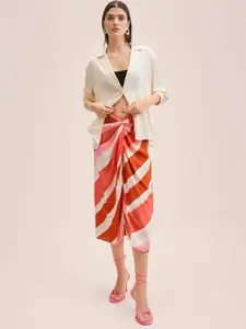 MANGO Women Rust Orange & Off-White Striped Knotted Detail Midi Skirt