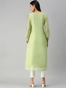 SHOWOFF Women Green & White Embroidered Thread Work Kurta