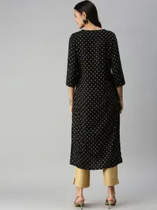 SHOWOFF Women Black & Gold-Toned Geometric Printed Straight Kurta
