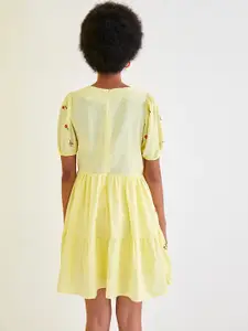 Trendyol Women Yellow Floral Embroidered Tiered Pure Cotton A-Line Mini Dress