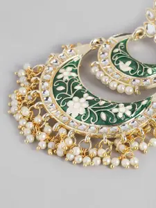 Peora Green & Off White Gold-Plated Kundan Studded & Beaded Crescent Shaped Chandbalis
