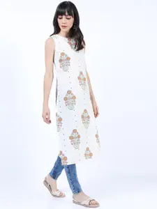 Vishudh White Floral Printed Pure Cotton Kurta