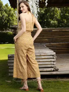 Sera Women Yellow Printed Cotton Crop Top & Palazzos