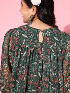 Janasya Women Green Poly Georgette Floral Flared Dress