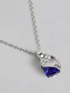 PEORA Silver Plated Blue Heart-Shaped Embellished Pendant with Silver Chain