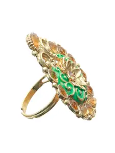 Priyaasi Gold-Plated Tear Drop Shaped Floral Meenakari Ring