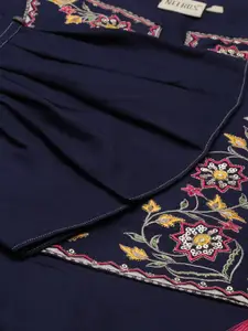 Neerus Navy Blue Floral Embroidered Flared Sleeves Floral Kurta