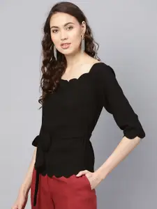 SASSAFRAS Black Solid Scalloped Top
