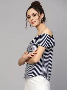 SASSAFRAS Women Navy Blue & White Striped Top