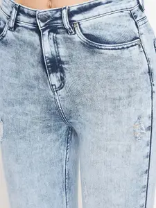 Madame Women Blue Slash Knee Heavy Fade Stretchable Cotton Denim Jeans