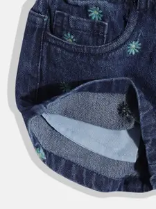 H By Hamleys Girls Navy Blue Cotton Floral Embroidered Denim Shorts