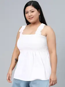 Tokyo Talkies White Solid Smocked Pure Cotton Empire Top