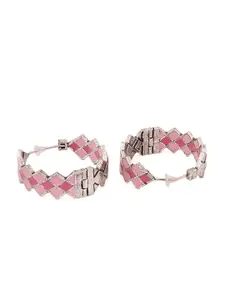 Voylla Silver-Toned & Pink Geometric Hoop Earrings