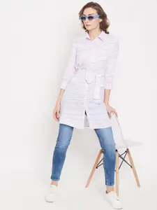 Madame Women White & Pink Horizontal Stripes Striped Longline Cotton Casual Shirt