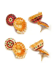 Yellow Chimes Set Of 2 Pair Gold-Plated Meenakari Jhumka Earrings