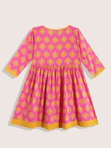 Sangria Girls Pink & Mustard Yellow Ethnic Print Cotton Fit & Flare Dress