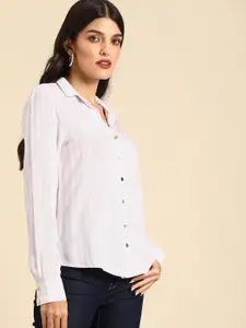 all about you Women Lavender & White Striped Slim Fit Casual Shirt