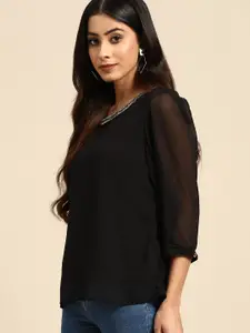 all about you Jewel Neck Cut-Out Detail Net Top