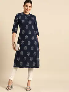 all about you Women Navy Blue & Silver-Toned Ethnic Motifs Printed Kurta